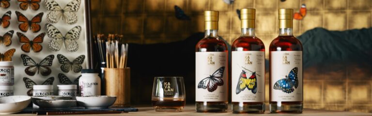 Schmetterlinge im Bauch: Kavalan Mizunara Oak Single Cask Strength Bottlings als Set mit Motiven des japanischen Künstlers Takahide Komatsu